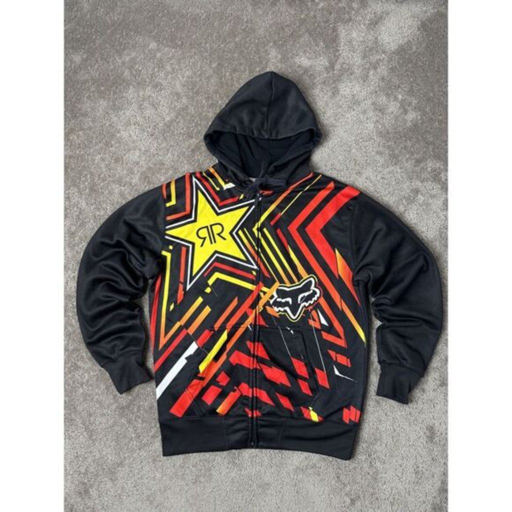 Rare Vintage Men's Zip Hoodie Fox Rockstar Hoodie Black Orange Sz L